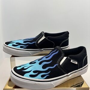 Vans Asher slip ons Kids Black and Blue Flame Sneakers